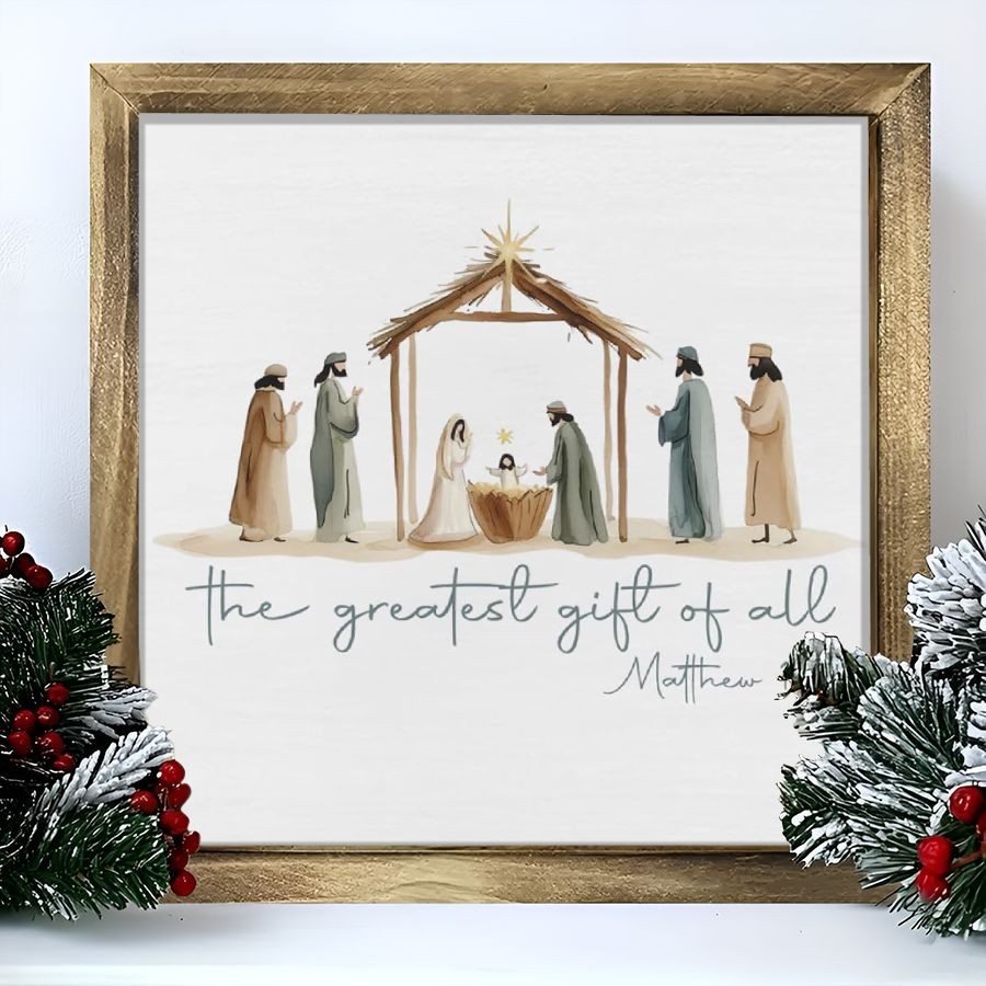 TEMU 2d Flat, 2d Flat, 1pc Wooden Frame Wall Art - Religious Themed Nativity Scene, Watercolor Style 8x 8 Inches (irregular & Framed) For Christmas