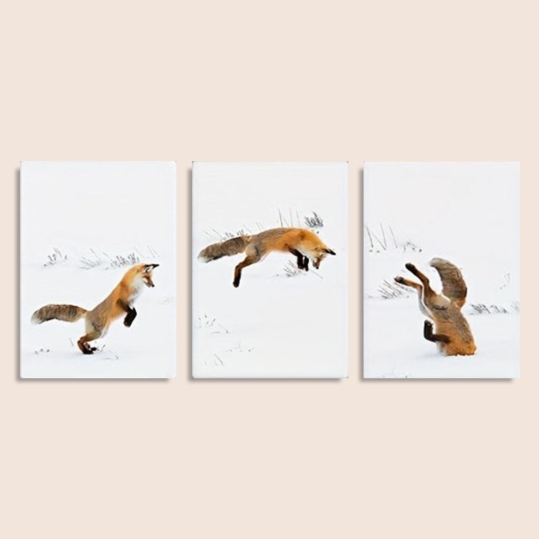 TEMU 3pcs Framed/unframed Fox Wall Art Set - Modern Art Deco Posters, Black & Cub & Animal Prints On Wrapped Canvas Panels, Easy-hang Ink Paintings