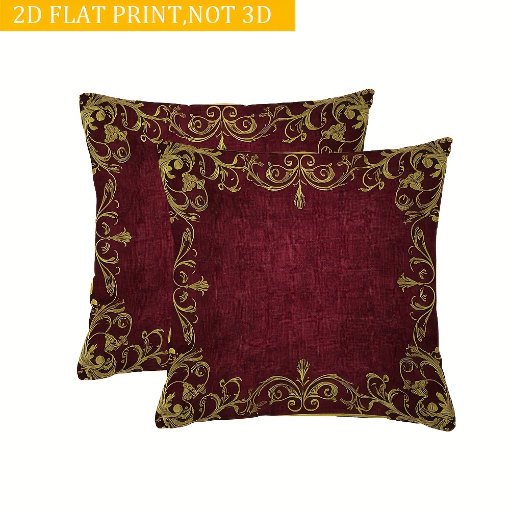 TEMU 2pcs Throw Pillow Covers Burgundy Golden Floral Single Sided Print Zipper Closure Machine Washable For Sofa Bedroom Decor, Polyester, 45cm X