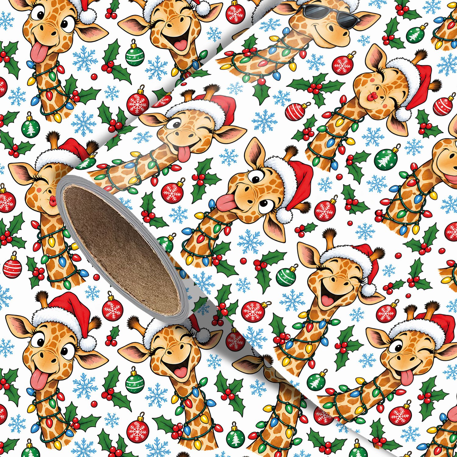 TEMU Roll Funny Giraffe Wrapping Paper Suitable For Xmas Gifts, Birthday Party Decorations - Single-sided With Giraffe Patterns, Santa Hats, Holly &