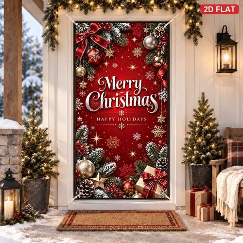 item picture 2d flat 2d door banner 2d flat banner 1pc pack christmas door cover banner merry christmas red background with christmas ornaments pine branches and gift box pre holes at for easy hanging a rich