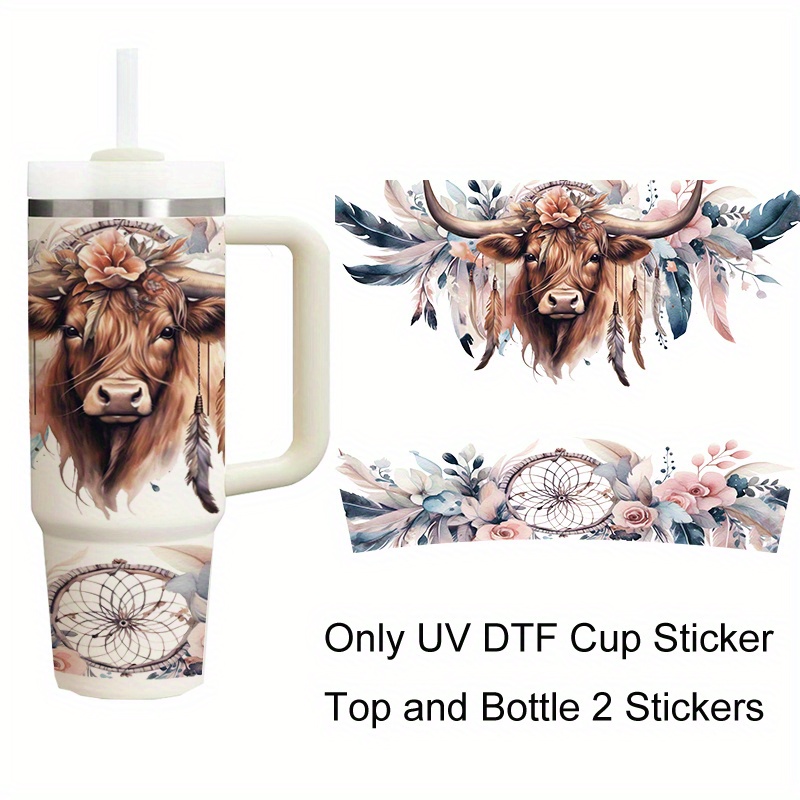 TEMU 2pcs Highland Sunflower Flower Turtle Skeleton Girl Uv Dtf Transfer Sticker Glass Packaging Transfer Sticker For 40oz Glass Sticker Bottle