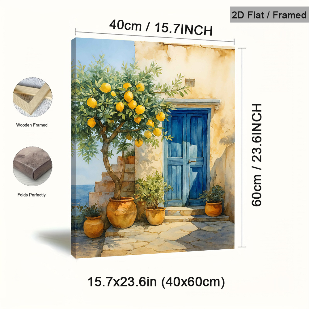 TEMU 2d Flat, 2d Flat, 1pc Framed Mediterranean Scene Canvas Paintings, Lemon Prints, Blue Door Wall Arts, Vintage Wall Decor Poster, Fashion