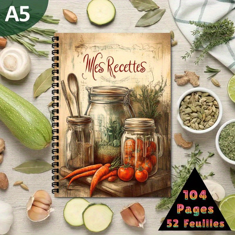 TEMU 1 livre de recettes avec étiquetage en langue française - Livre de cuisine A5 à spirale, contient , journal de cuisine vintage pour hommes et