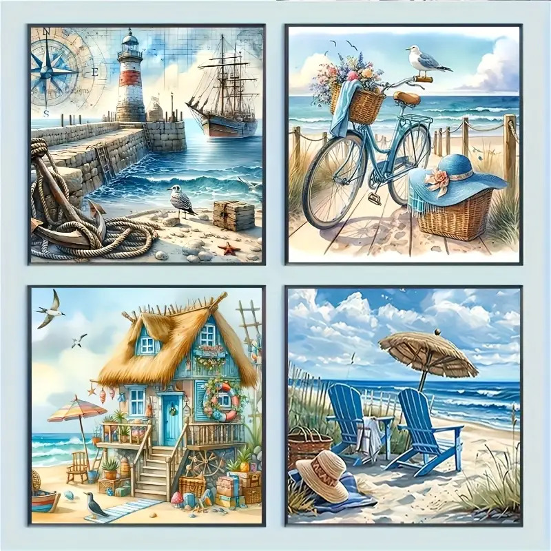 Image of 4pcs Summer Seaside Diamond Painting Diy Set, 20x20cm Round Acrylic Diamond Sticker Handicraft, Creative Ocean-style Wall Decor, Summer Art Decoration