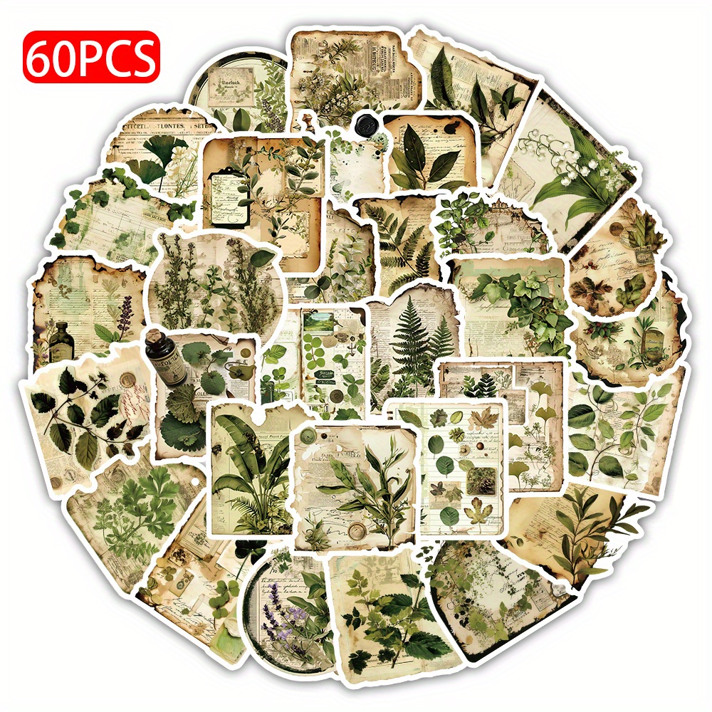 60pcs Of Vintage Old Newspaper Broken Irregular Shaped Green Leaf Stickers, Suitable For Laptops, Mobile Phones, Mugs, Exquisite Toys, Aesthetic Graffiti Art Painting Self-adhesive Gift Stickers