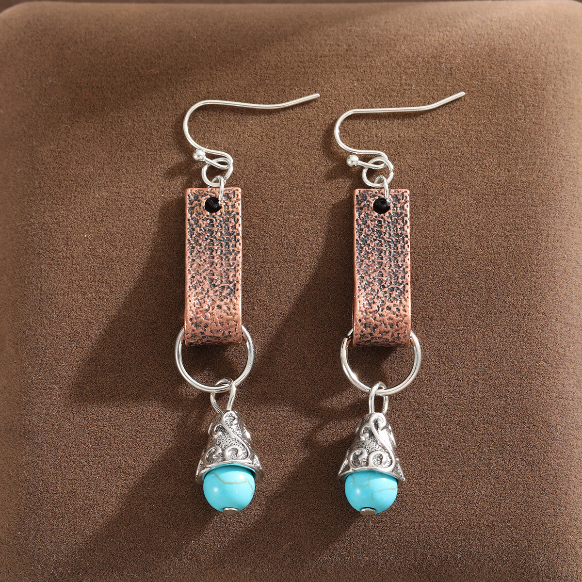 TEMU Vintage Bohemian Style Rectangular Embossed Bell With Synthetic Turquoise Pendant Women's Earrings, Versatile Women's Ear Accessories For Daily