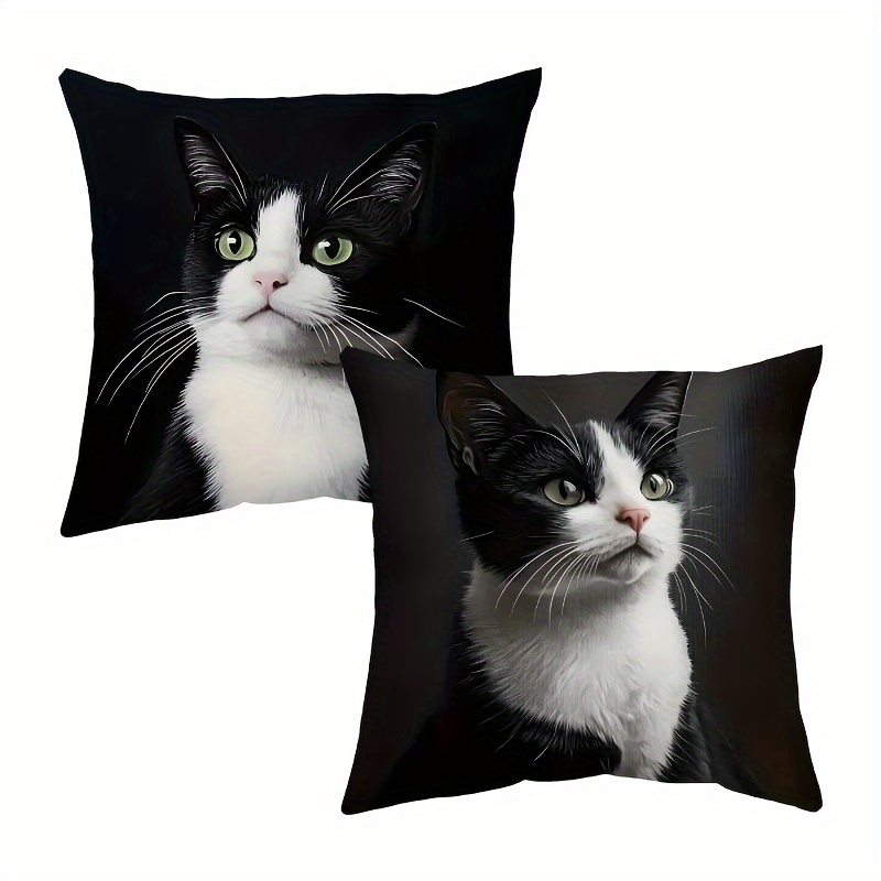 2pcs Black& White Cat Print Short Plush Pillowcases 17.7"x17.7"- French Style, Machine Washable, Zippered, Polyester 100%- Ideal For Home& Bedroom Decor(pillow Inserts Not Included), Cat Decor