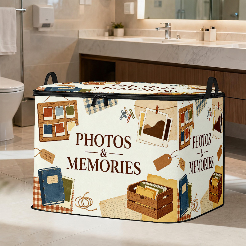 TEMU 1pc Retro Photo Album Themed Printed Storage Box, With Photo Wall And Handwritten Label Design, Warm Brown And Off- Scheme, Country Style Cozy