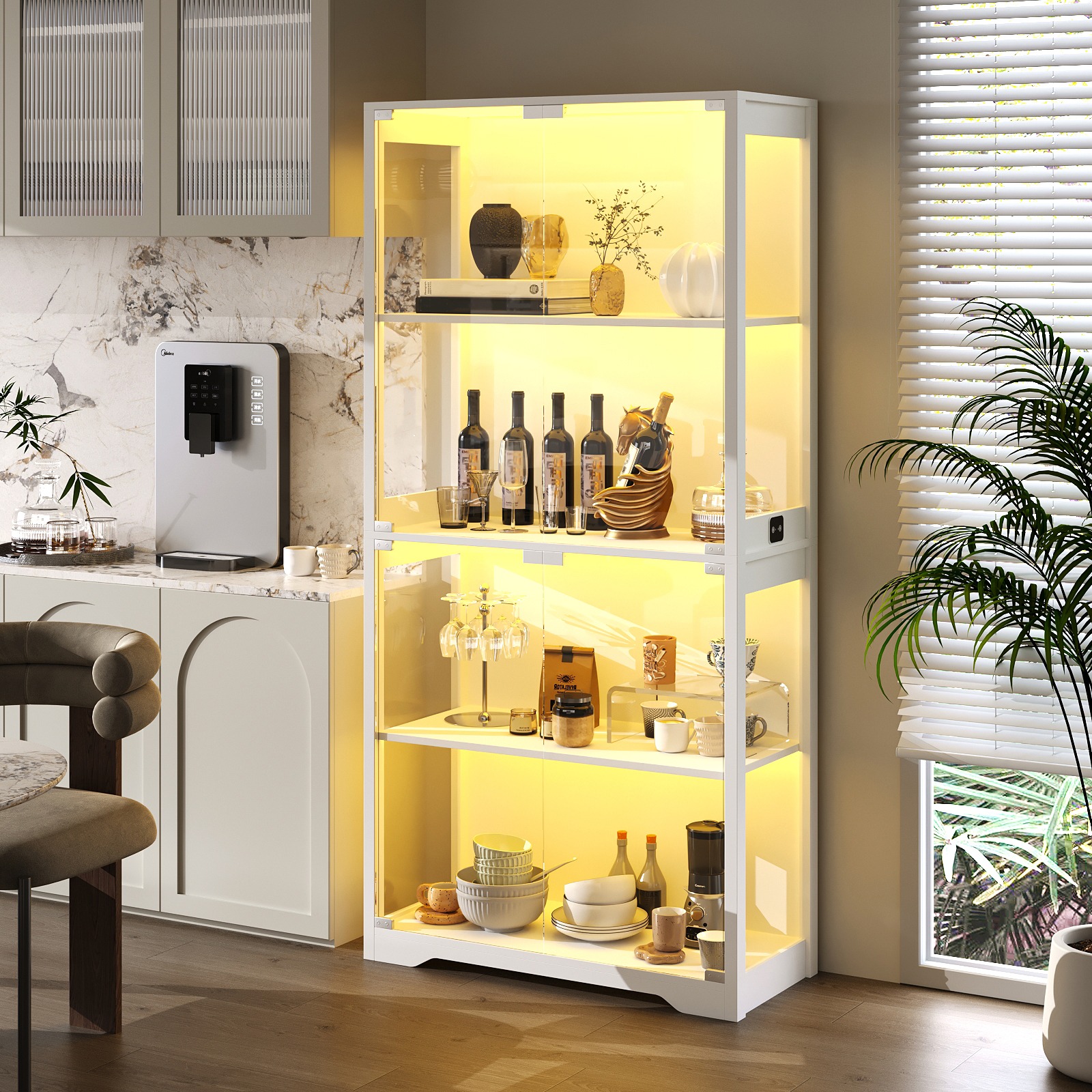 TEMU Dining Room Glass Display Cabinet 4 Tier - Kitchen Storage Cabinet With Led Lights Motion Sensor - For Tableware Glassware Coffee Bar Buffet