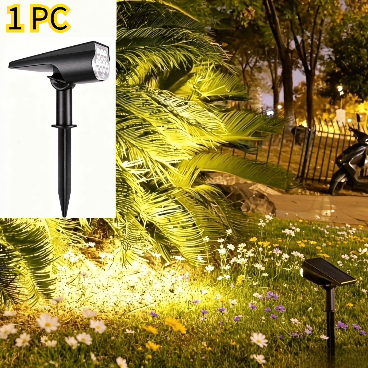 TEMU HOTU 7 Focos Solares LED, Luz Solar de Uso para Montaje en Pared y Suelo, IP65 Luz Solar Flexible para Jardín, Porche, Valla, Árbol, de Flores,
