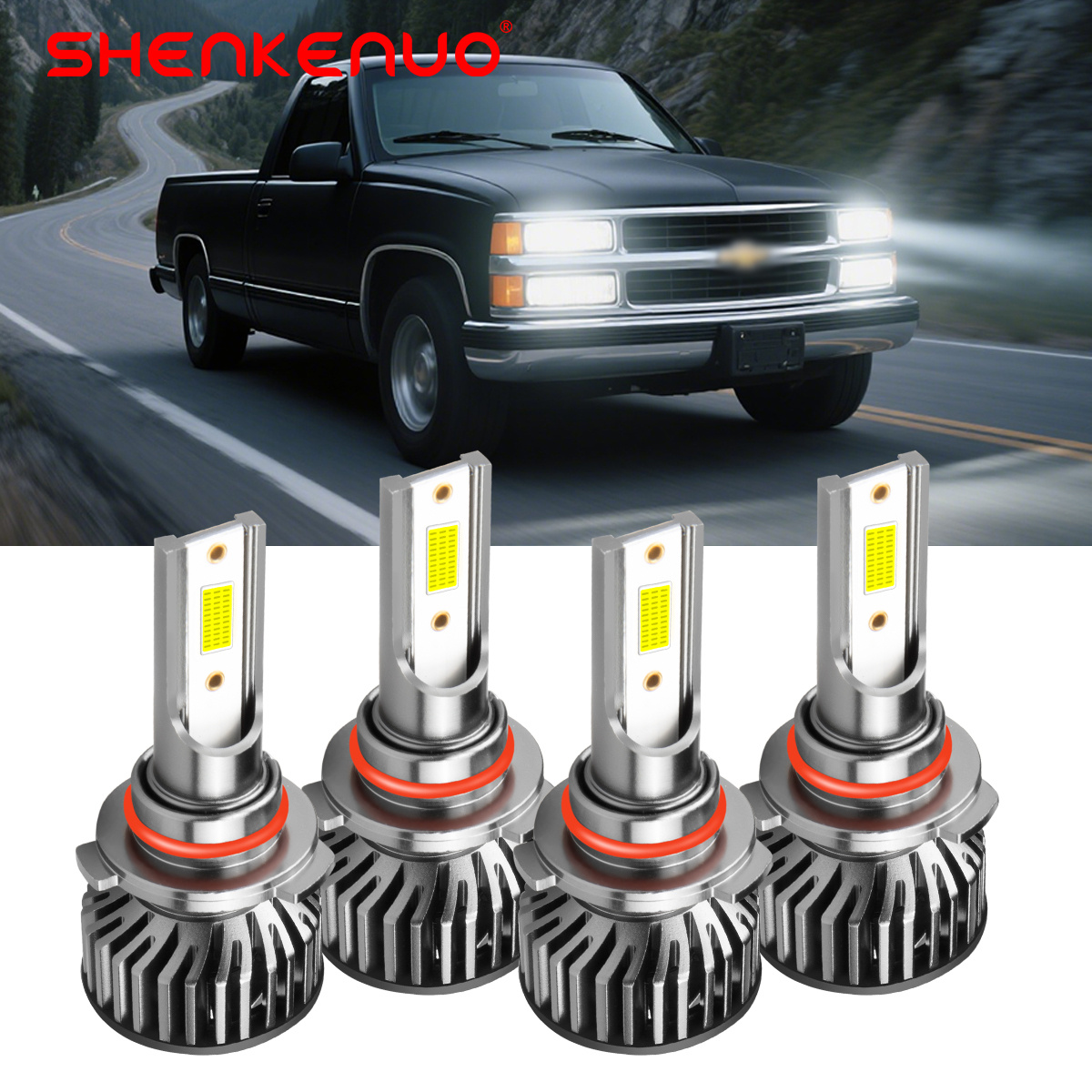 For C1500 2500 3500 1990-1998 4pcs 6000k 12000lm Led Headlight High Low Beam Bulbs, White Plug And Play, Without Battery