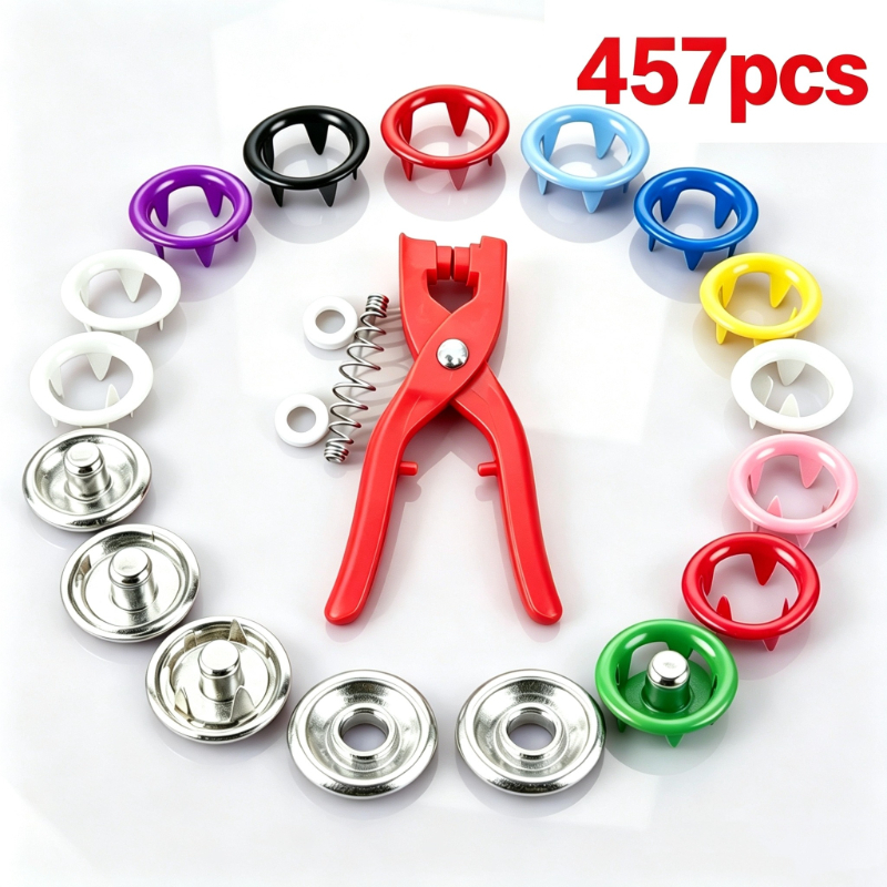 TEMU Kit per creazione bottoni fai da te da 457 pezzi con bottoni a pressione in metallo a 5 punte multicolore e pinza a pressione manuale, per