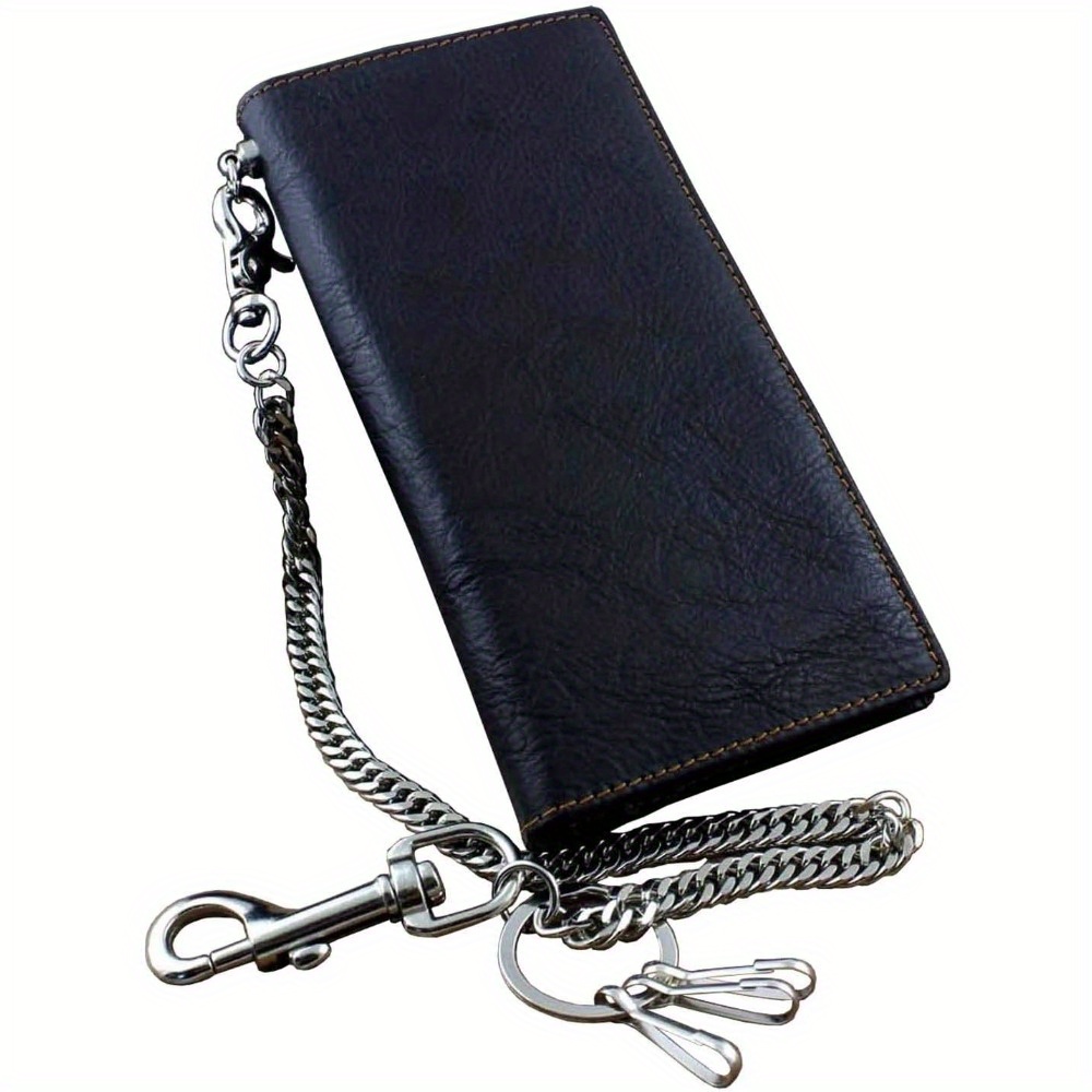 TEMU Men's Biker-style Leather Wallet With Key Chain - 7.28" Long Zipper Closure, Multiple Card Slots & Anti-loss Design For Jeans & Casual Use (black), , Minimalist Style, Durable Construction,