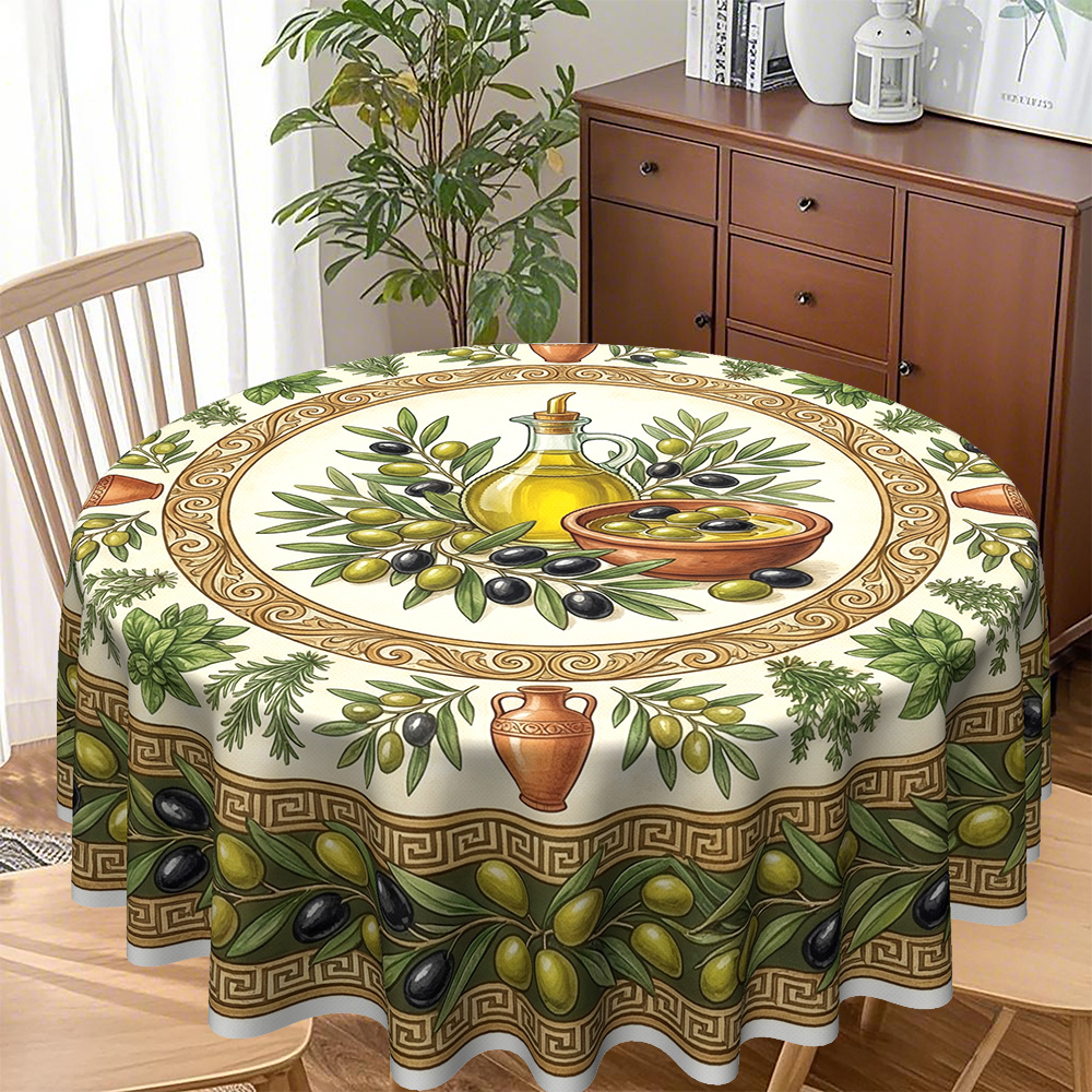 TEMU 1pc Mediterranean Style Tablecloth For Round Table With Beige And Green Olive - Oil Theme , 2d Printing, Suitable For Summer, Party, Picnic,