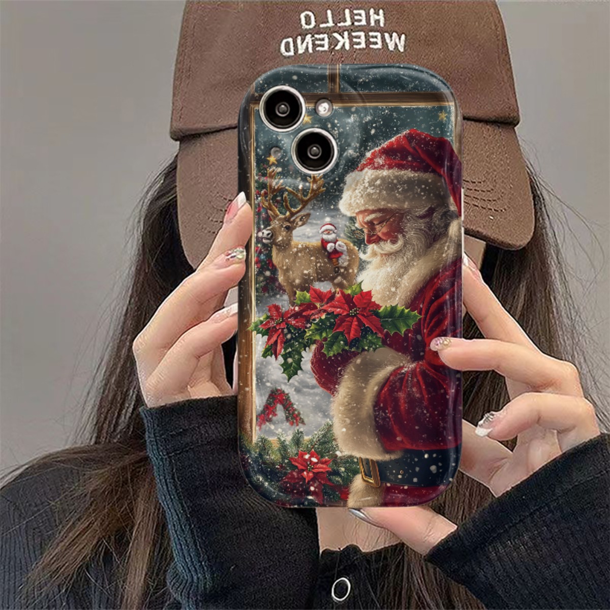 TEMU Phone Case - A Phone Case Featuring A Curly Wave With Christmas Themes Like Santa Claus, Reindeer, And Winter Flowers, Suitable For For Iphone,