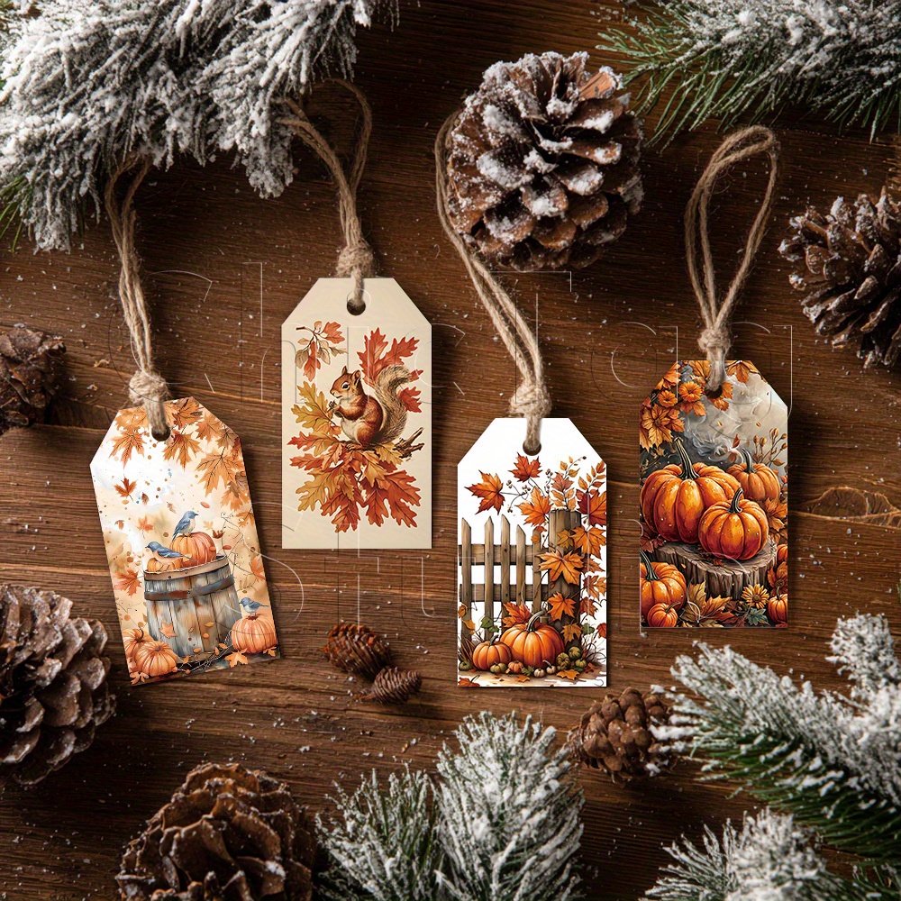 TEMU Ensemble de 48 étiquettes cadeaux assorties avec ficelle de , mettant en valeur des thèmes d'automne que des citrouilles et des écureuils,