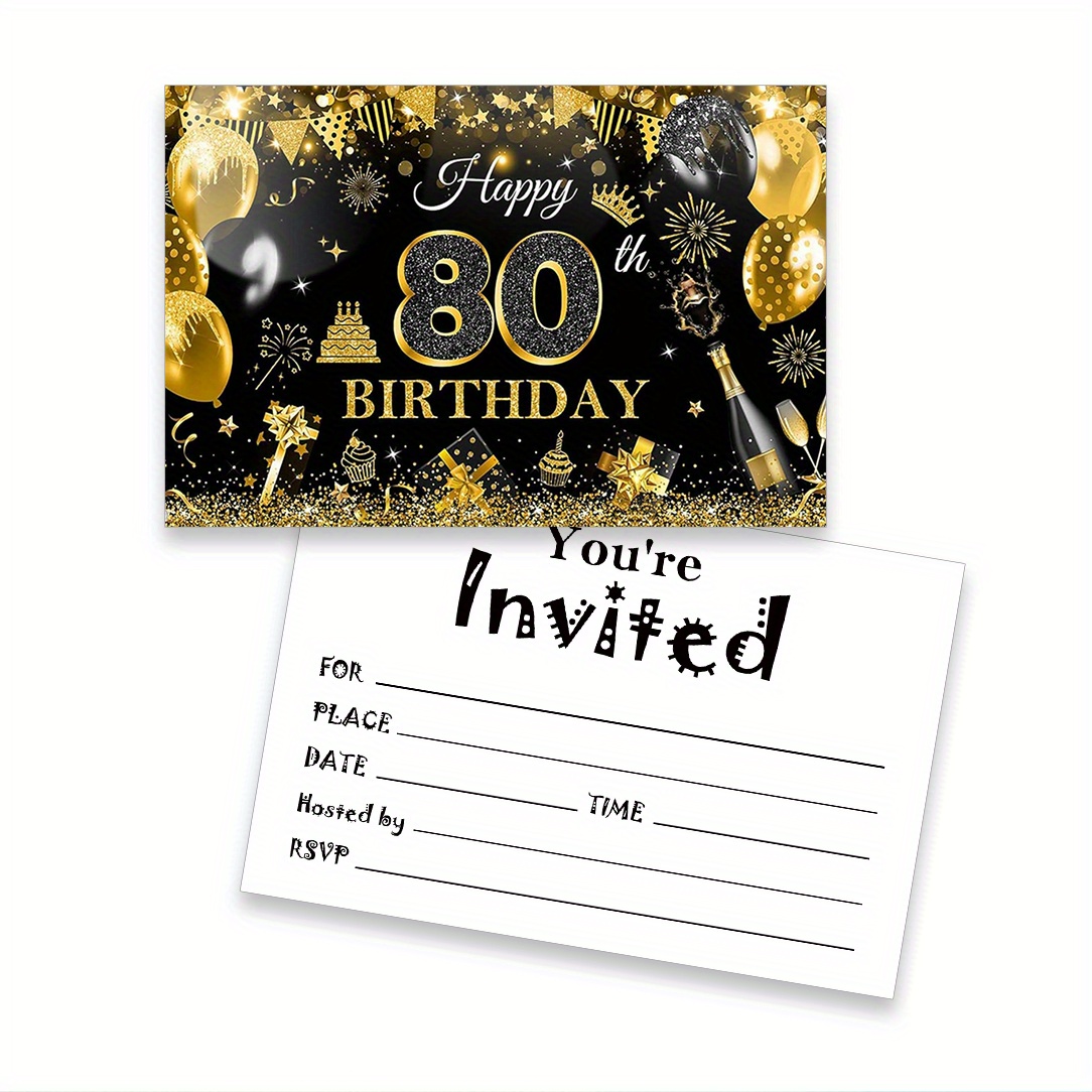 TEMU 16pcs Pack Elegant Black Golden Shiny 80th Birthday Invitation Cards Suitable For Parties, Weddings, Birthdays, - 4x6 Paper Cards For 80 Year