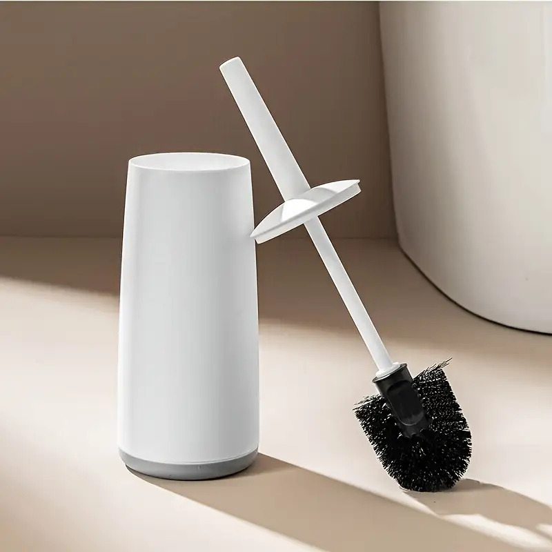 TEMU Modern White & Black Heavy-duty Toilet Brush Set With Base - Hygienic Button, Space- Vertical Stand & Durable Plastic, Self-standing Bathroom
