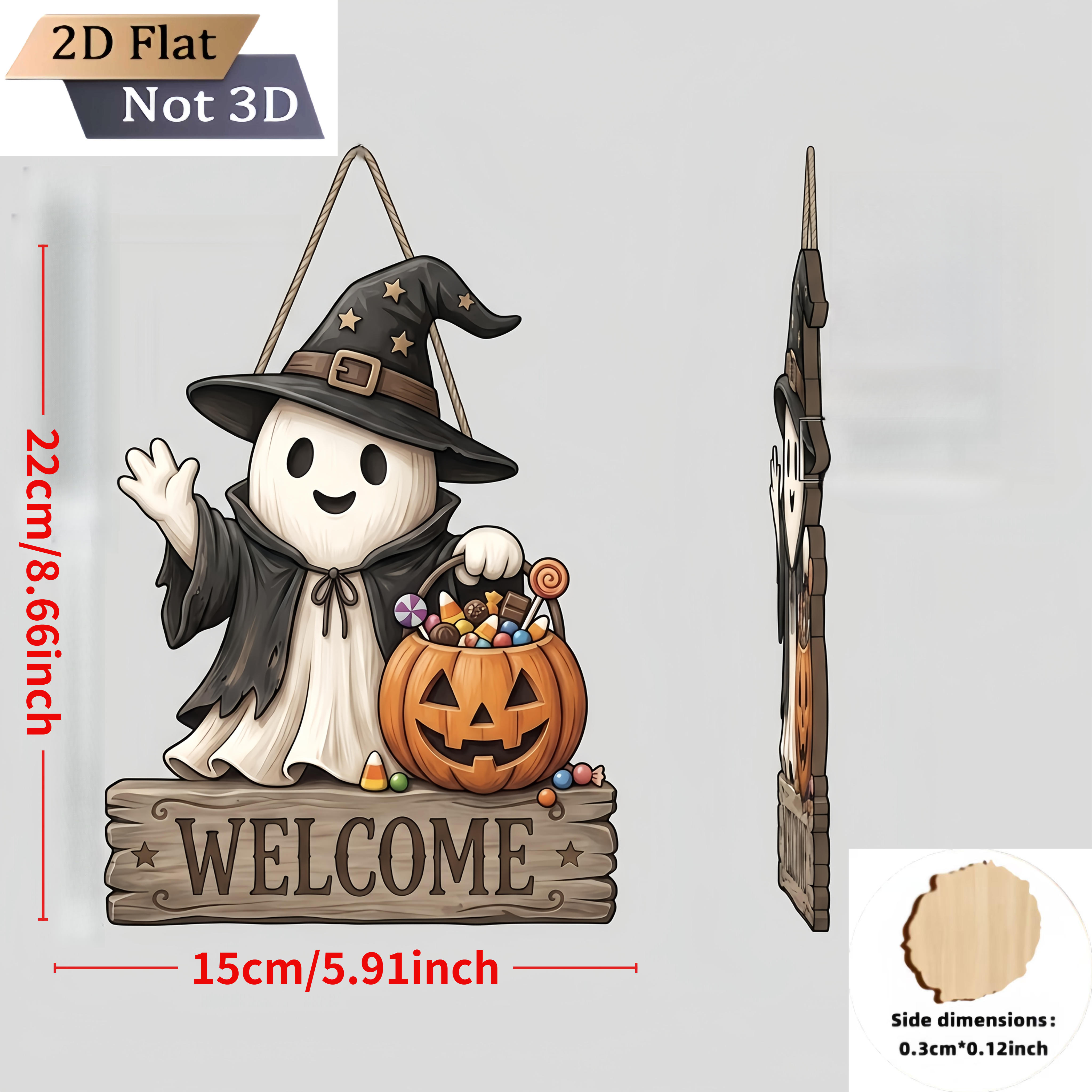 TEMU 2d Flat, 1pc Halloween Wooden Cute Welcome Door Sign, Door Hanging Sign, Wall Decoration Plaque, Witch Hat, Pumpkin, Candy Decoration, Halloween