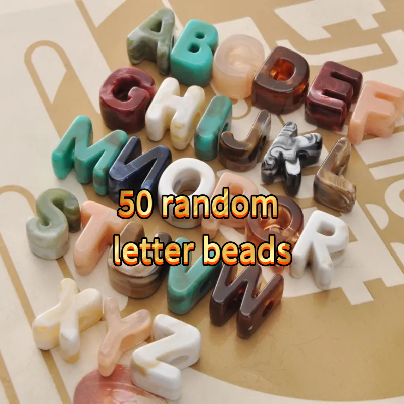 TEMU "50pcs Random Large Hole Letter Beads, Marble Pattern Acrylic- Bulk Pack, Perfect For Keychains, Bags, Bracelets& Pendants!