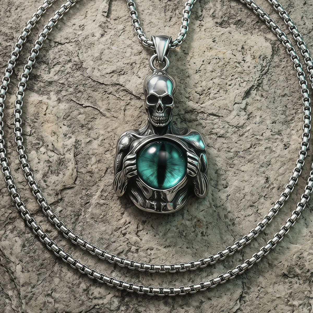 TEMU Lnchran 1pc 316l Stainless Steel Skeleton Pendant Necklace With Synthetic Green Evil Eye Stone Gothic Biker Jewelry For Men