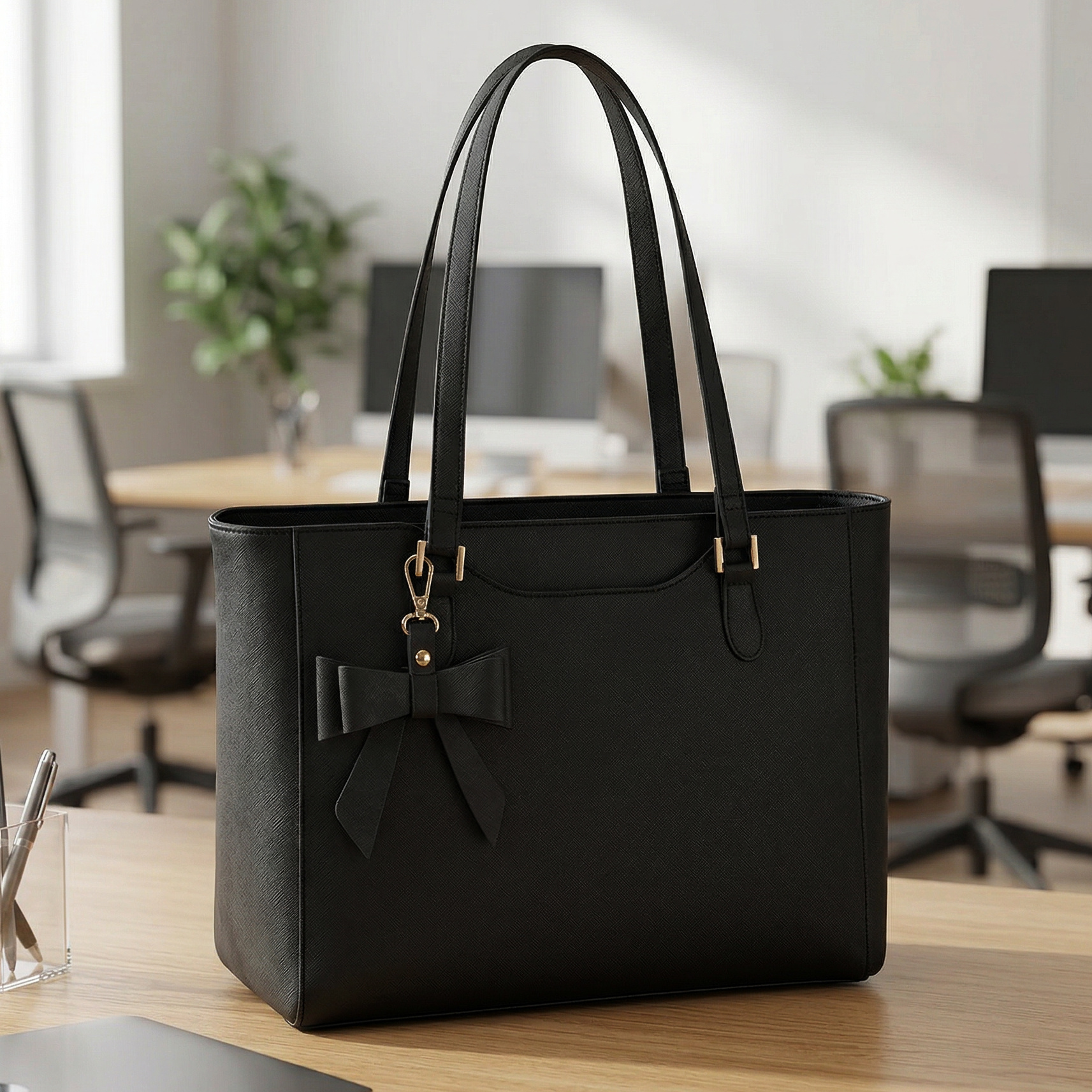 Rainsmore Handbag Women's Large Shopper Bag 14-inch Laptop Bag Women's Synthetic Leather Tote Bag Work Bag Women's Shoulder Bags Shoulder Bag Handbag For School, Black
