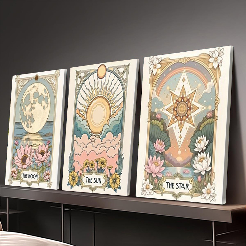 2D Flat, 3pcs Vintage Bohemian Astrology Wall Art Set - Sun, Moon & Stars Posters with Moon Phases, Wrapped Canvas Prints in Soft Pastel Colors (Pink, Blue, Golden, Green, White) - Minimalist Boho Decor for Living Room, Bedroom, Office, Cafe - Housewarming Gift for Astrology Lovers, Dormitory, Hallway, 2D Flat Astronomical Decor with Floral & Celestial Motifs, Pastel Hues for Home Decor, 2D Flat