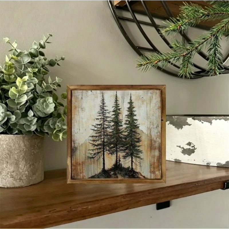 TEMU 2d Flat, Retro Country Wooden Decor (decorative Sign & Plaque) - Pine Tree Landscape Design, Home Accent, Suitable For Living Room, Bedroom,