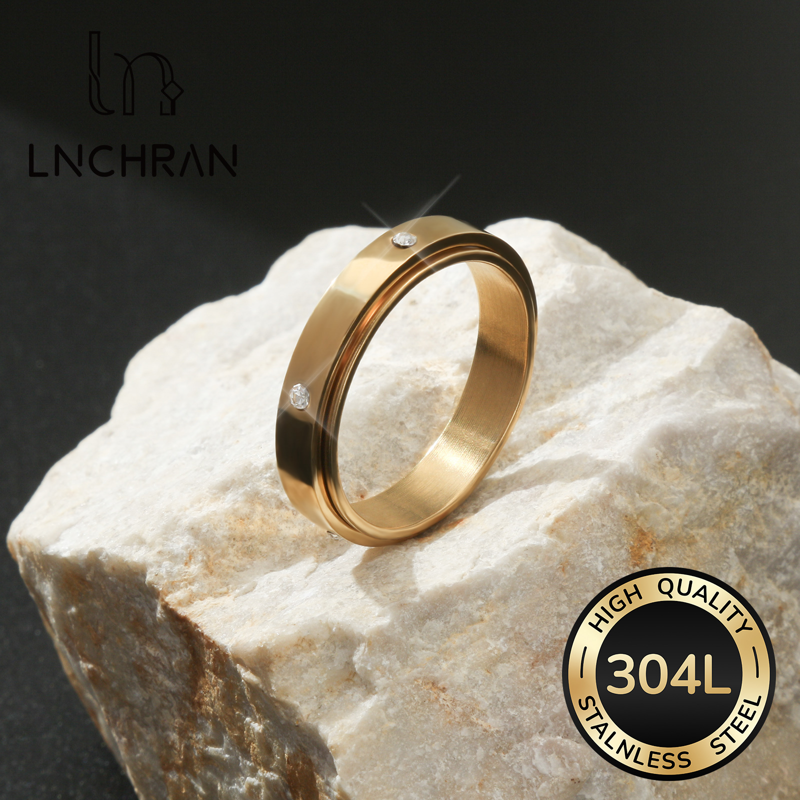 Image of 304l 304l 304l Stainless Steel Inlaid Synthetic Synthetic Zircon​​ Spinner Fidget Ring Golden Minimalist Luxury Style For Men And Women Versatile Daily Jewelry Couplering, Without Battery
