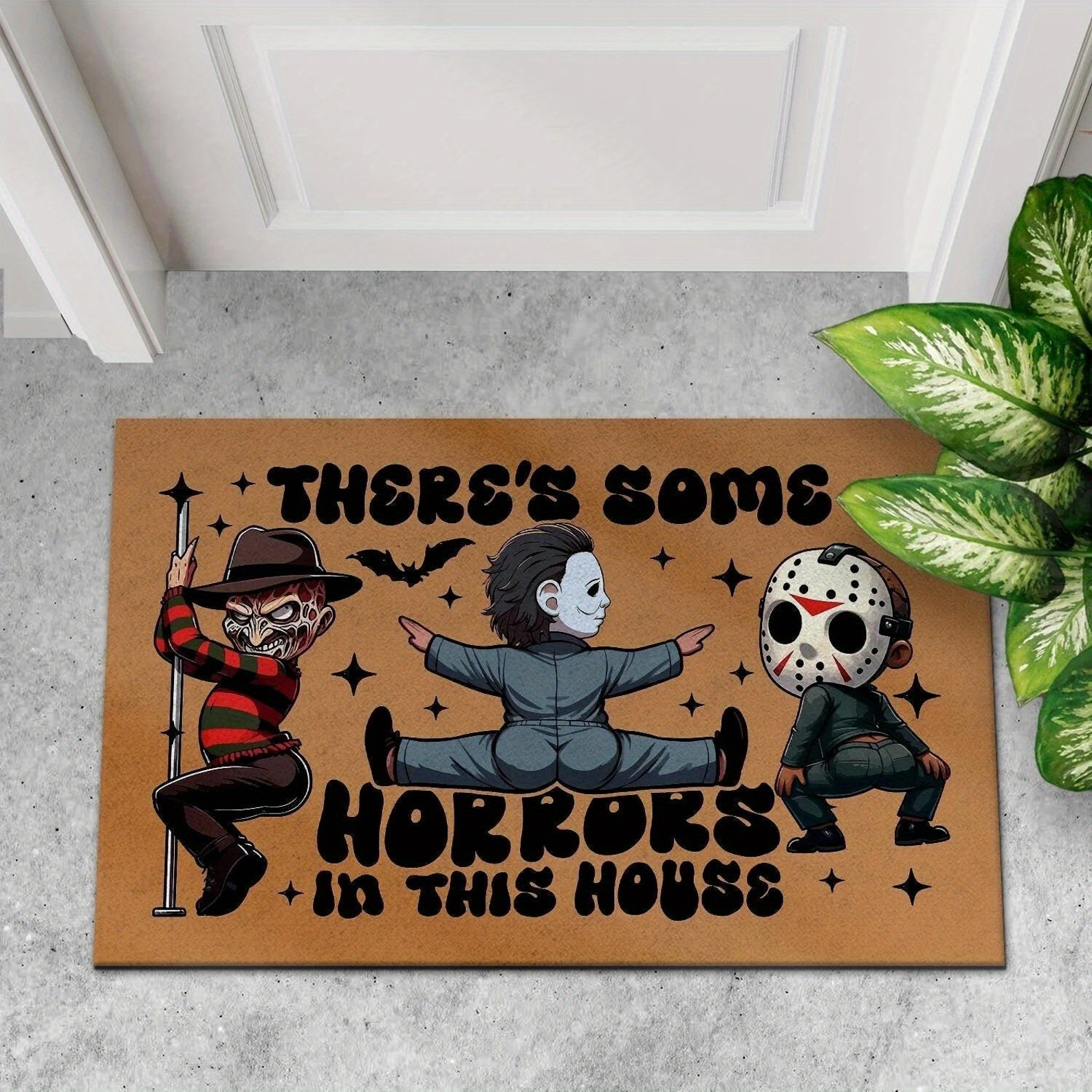 TEMU ' Horrors In This House Doormat Area Rug, Funny Horror Characters Door Mat, Halloween Welcome Mat, Spooky Season Front Door