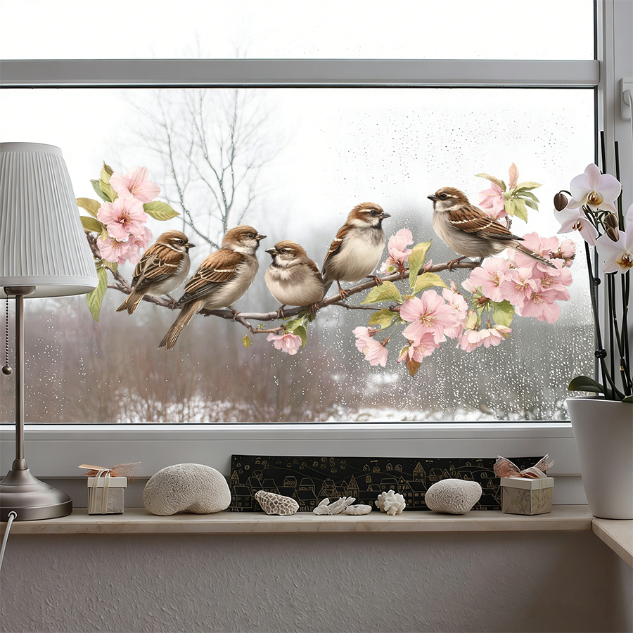 TEMU 1pc Reusable Electrostatic Adsorption Window Cling - Natural Scenery And Flying Bird Pattern (including Peach Branches And ), No Glue Residue,