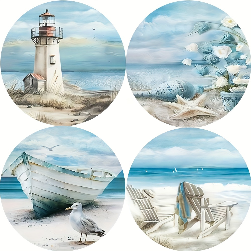 TEMU 4pcs Set Of Seaside Scenery Wooden Heat-insulating Coasters For Home Use, Wooden Cup Coasters, Tea Coasters, Afternoon Tea Cup Coasters For