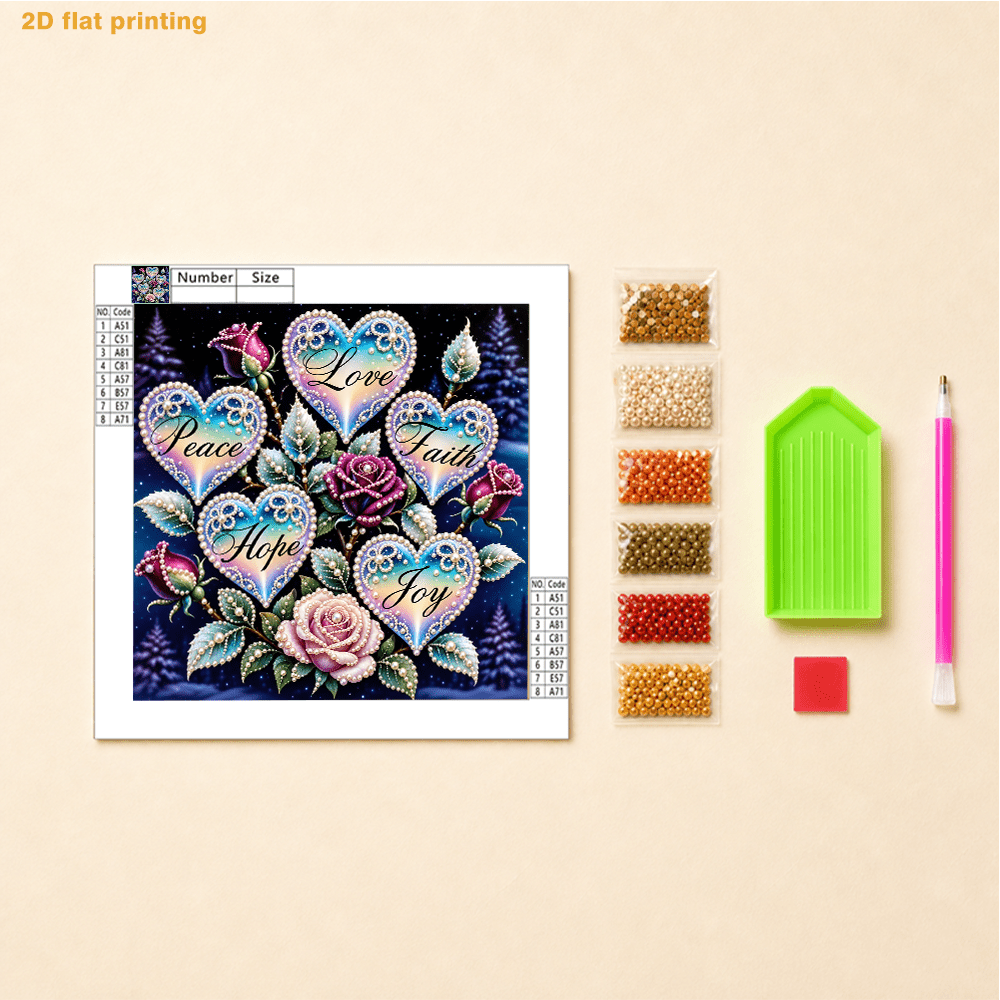 TEMU 2d Flat Printing, Pearl Art Kit - Love Faith Hearts With Roses Pattern, Includes Round Pearls, Sparkling Gems, Clear Symbols, Complete Tool Set