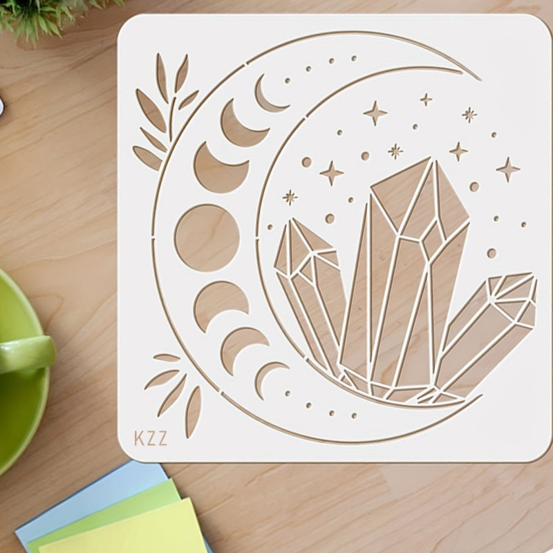 1pc kzz reusable plastic moon star template with gemstone suitable for painting on wood floor wall tile color stencil for diy crafts murals temporary floor wall decor precision drawing template