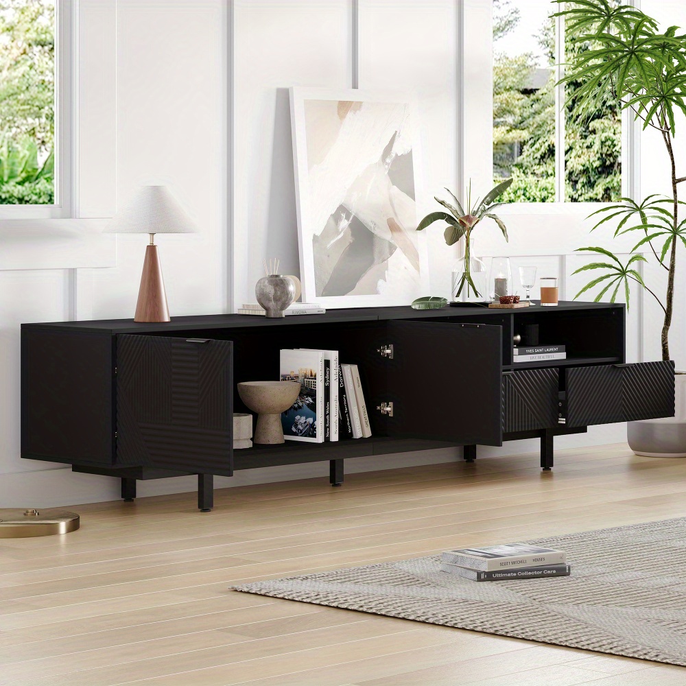 TEMU Modern Minimalist Tv Cabinet Featuring Abstract Black Geometric Lines, Designed For Storage With Dimensions Of 200*40*51cm, Suitable For Tvs Up