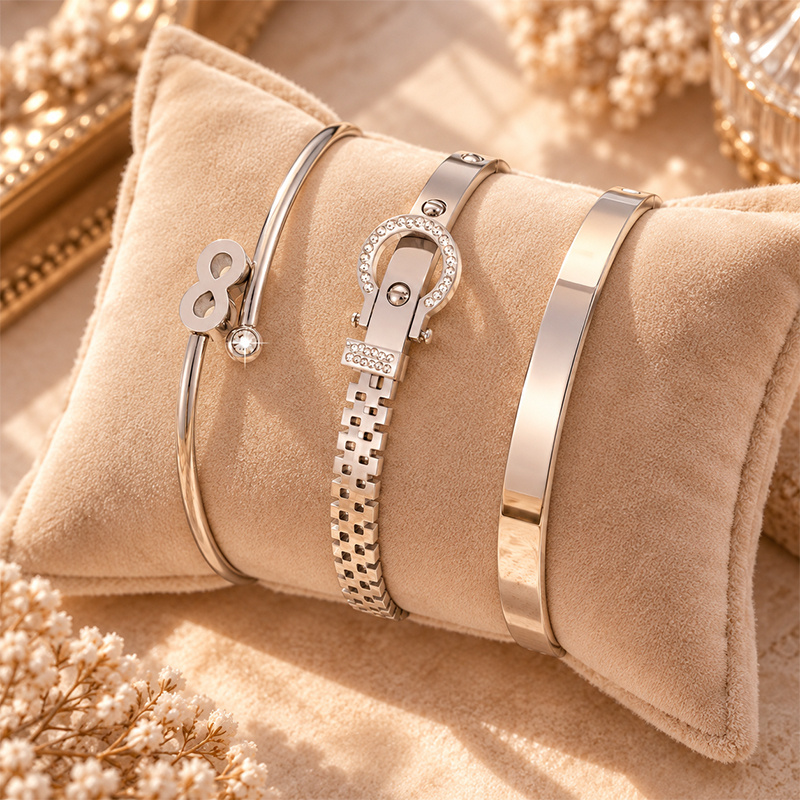 3pc Street Style Metal Bangle Set, Rhinestone & Infinity Design