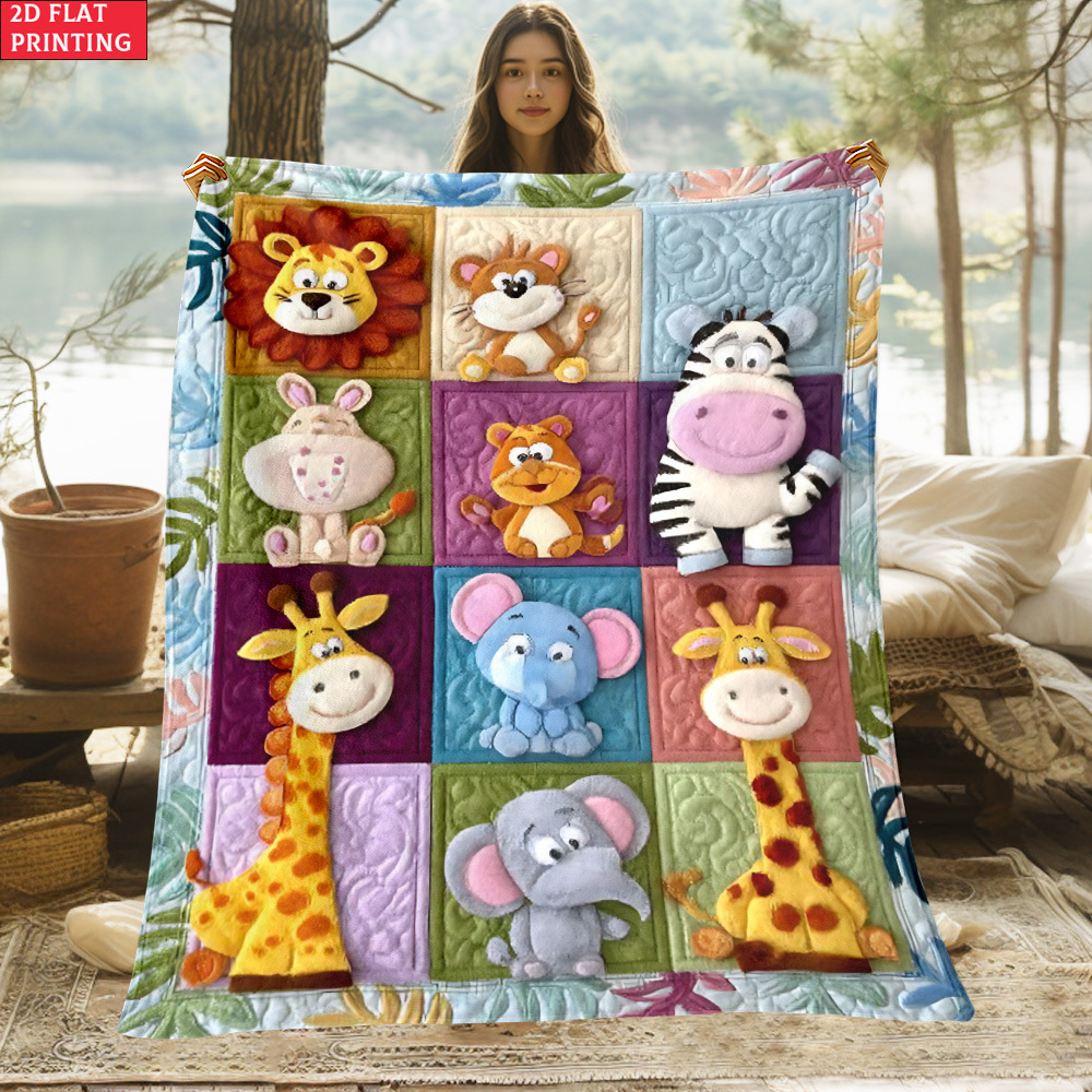 E-shop 1 Stück Tiermuster Blocks 2D Flachdruck Outdoor-Decke – Leichte Flanelldecke geeignet für Camping, Picknick, Wandern, , Flugzeug, Schlafzimmer,