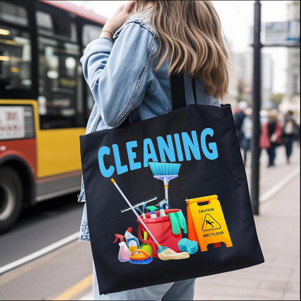TEMU A Canvas Tote Bag Featuring A Printed Design Of Cleaning Supplies, Lightweight And Foldable, Use, Shopping, And As Gifts For Holidays, And Easy