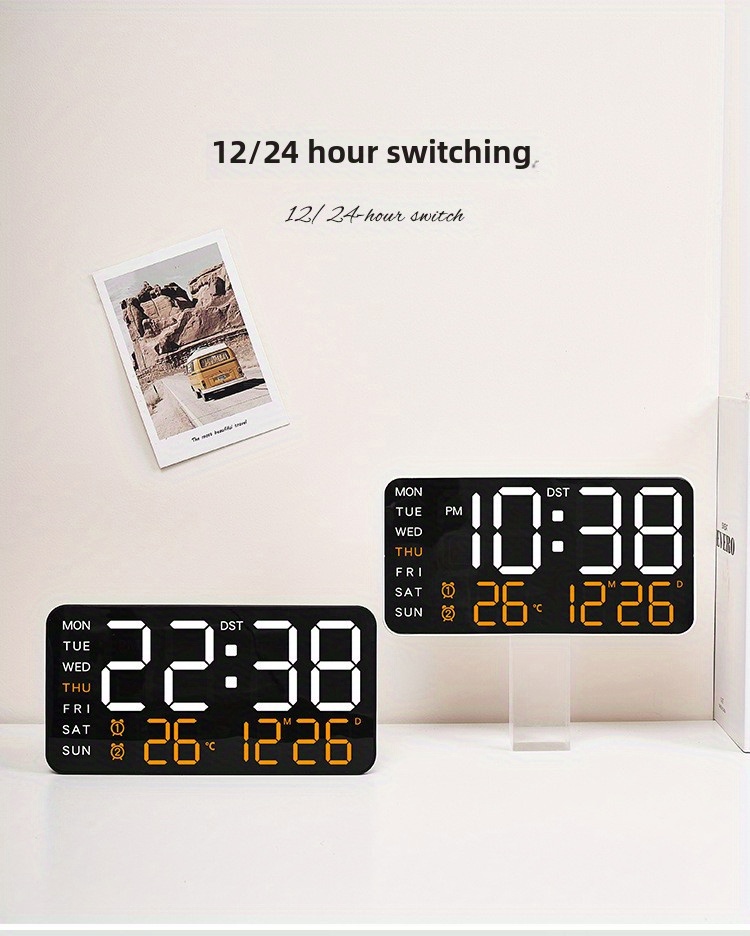 LED digital wall clock with temperature display, date and working day - dual alarm clock, 12/24-hour format, perpetual calendar, rectangular, battery powered (AAA) - perfect for bedroom decoration