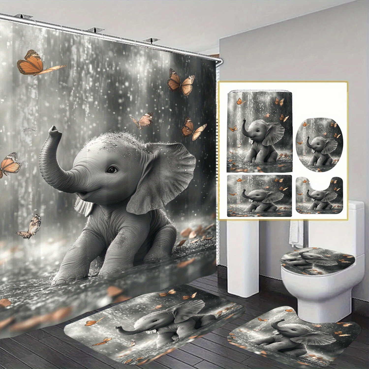 

Elephant Playing In Theme Shower Curtain, Winter Warm And Waterproof, 12 Hooks, Suitable For Room, Home, Hotel, Machine Washable Curtain, Waterproof Bathroom, 1pc/4pcs