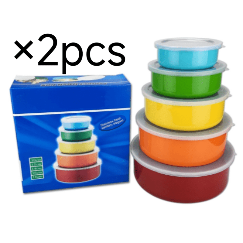 TEMU 5pcs Colorful Stainless Steel Food Storage Containers Set With Pp Lids - Airtight, Leakproof & Stackable Space-saving Design For Kitchen And Refrigerator Organization