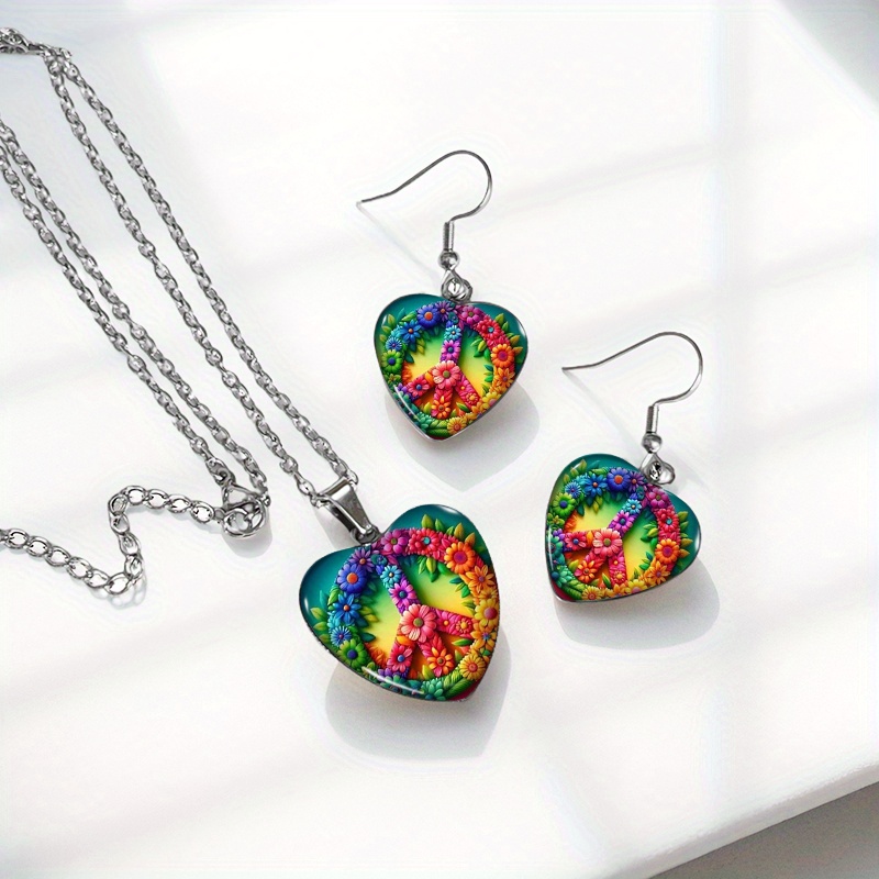 3pcs Hippie Peace Symbol Heart-Shaped Earrings Necklace Set