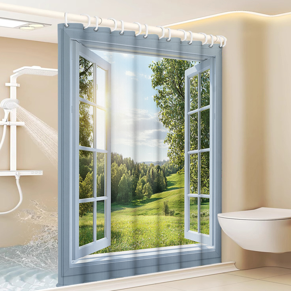 TEMU 1pc Of Window-view Shower Curtain Featuring A Print Of Green And Natural Scenery, Designed In A Minimalist Artistic Style For Home Decor,