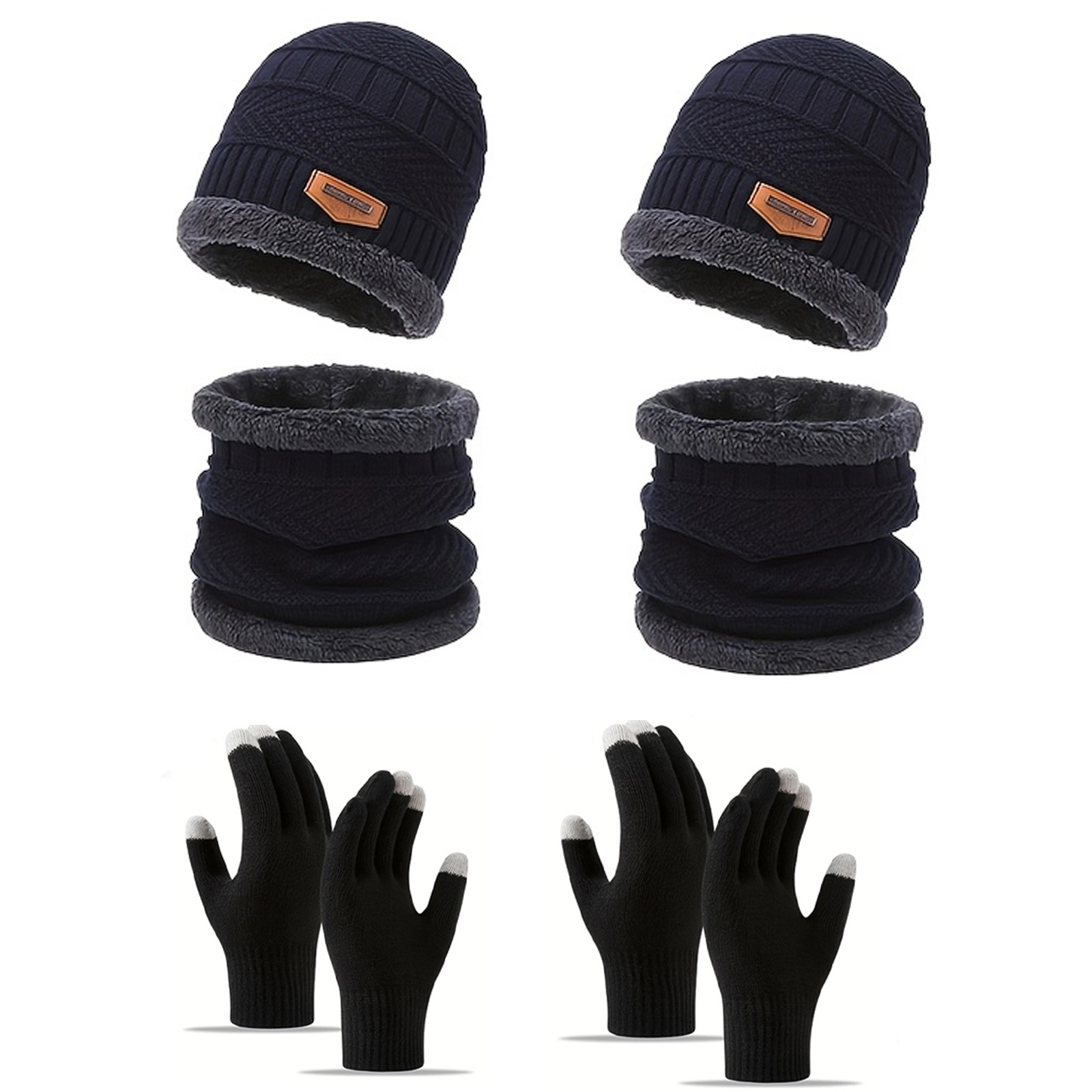 6pcs Winter-Lined Thick Hat, Neck Warmer, and Touchscreen Gloves Set