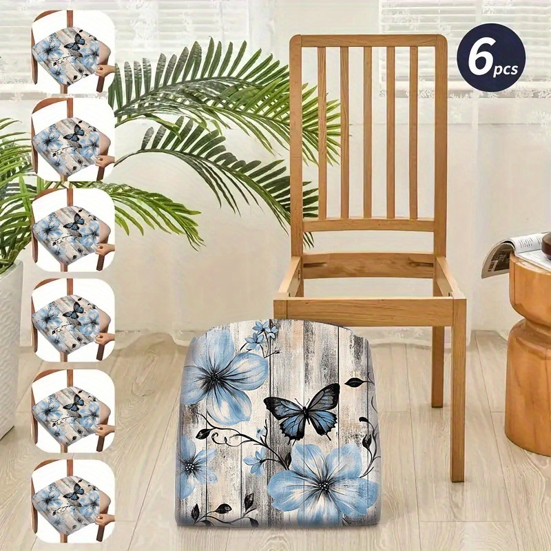 TEMU 2pcs/4pcs/6pcs Blue Flower Black Wood Grain Background Pattern Printed Chair Pads, Comfortable Seat Covers For Home Kitchen Dining Room Living