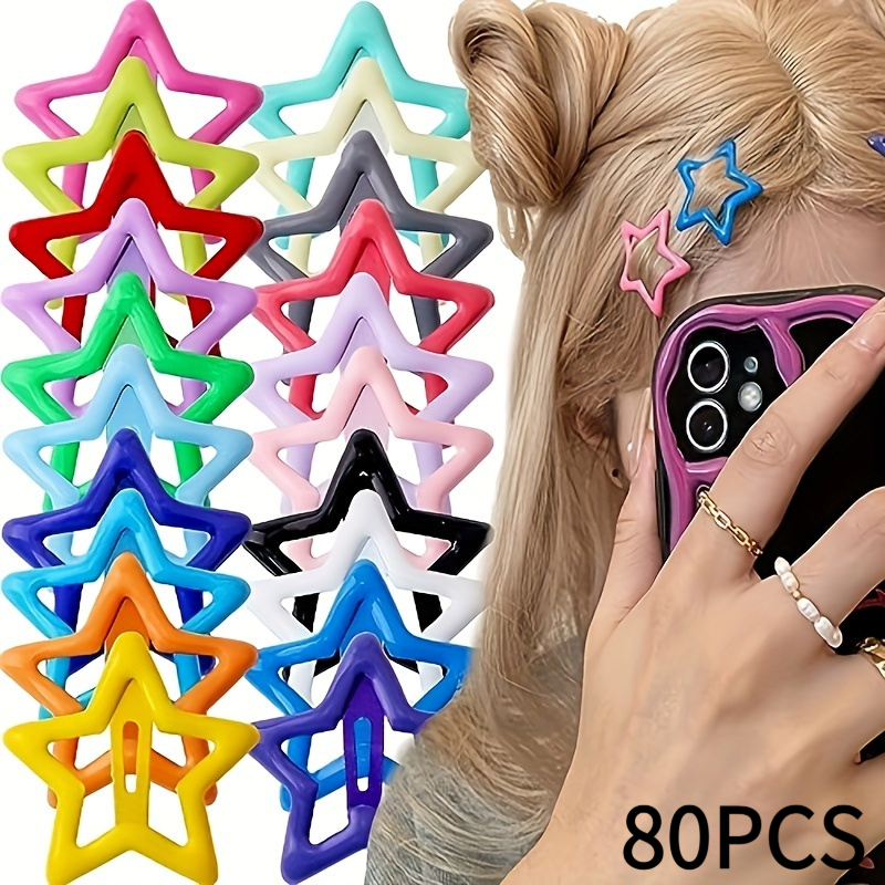 TEMU 80pcs Y2k Star Hair Clips, Colorful Hollow-out Cartoon Five-pointed Star Metal Hair Accessories, Cute Women's Headwear, Suitable For Daily And