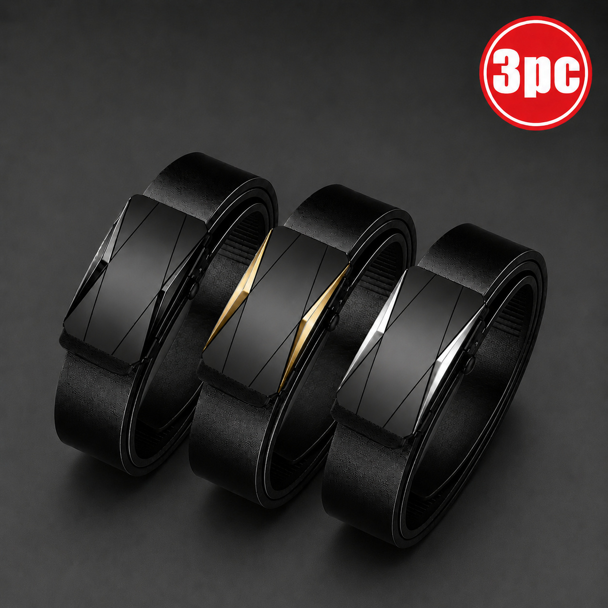 Image of 3pcs High-quality Men' Ratchet Belts, 3 Color Options With Stylish Geometric Design, Fashion Accessory For Young& Middle-aged Gentlemen, Perfect For Jeans& Dress Pants, , Durable Alloy