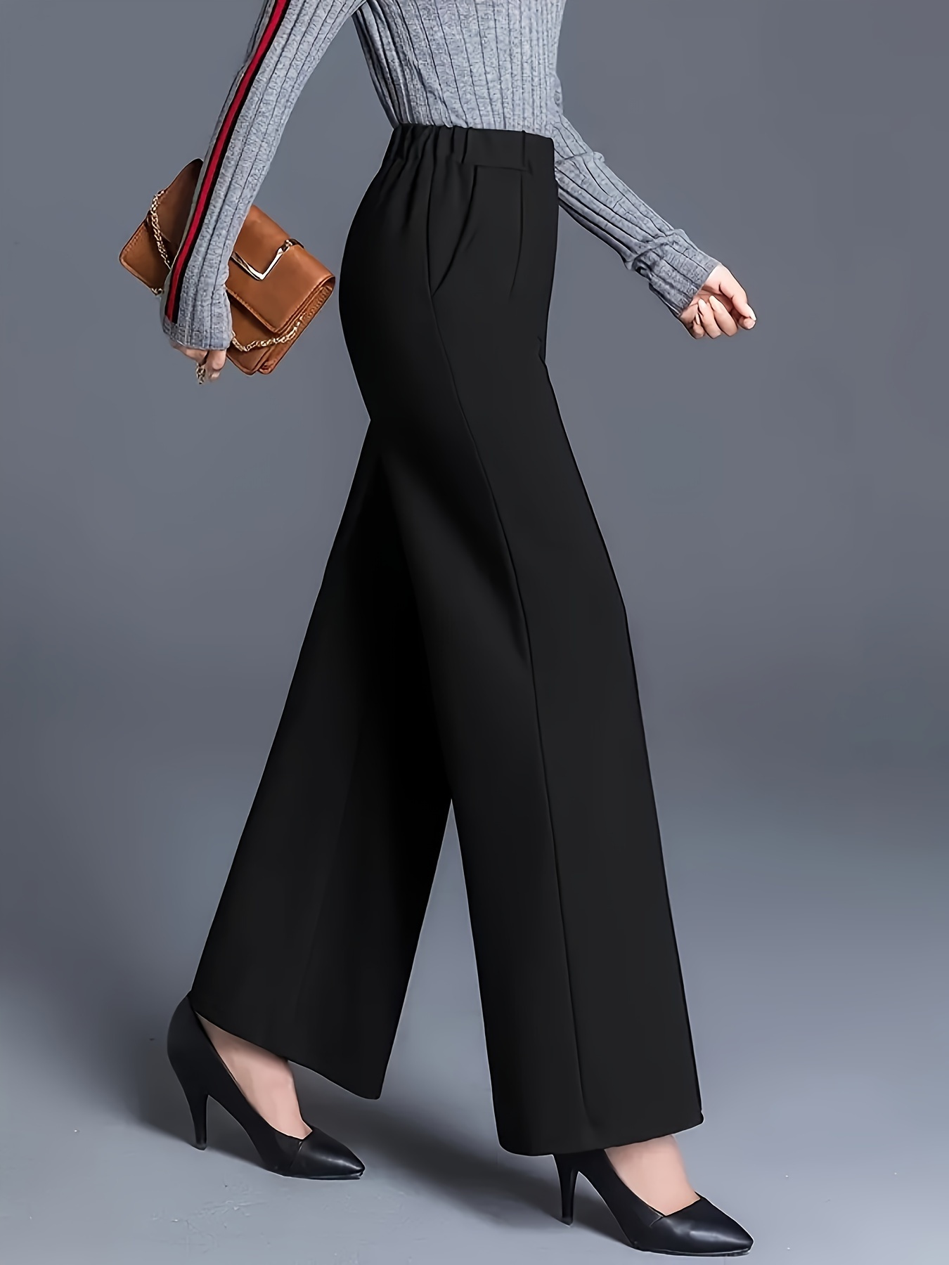 plus size plus size womens elegant high waist wide leg pants with side pockets solid color loose fit straight leg trousers for work office     no belt needed versatile casual to formal wear high waisted leggings   sophisticated style smooth texture fabric black 0