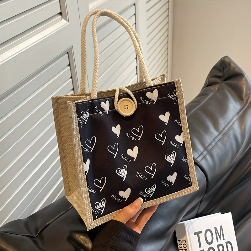 Stylish Black Canvas Tote Bag With Heart Patterns - Lightweight & Versatile For Lunch, Cosmetics, And Travel | Fabric, Spacious Interior, Everyday Use, Cute Tote Bag